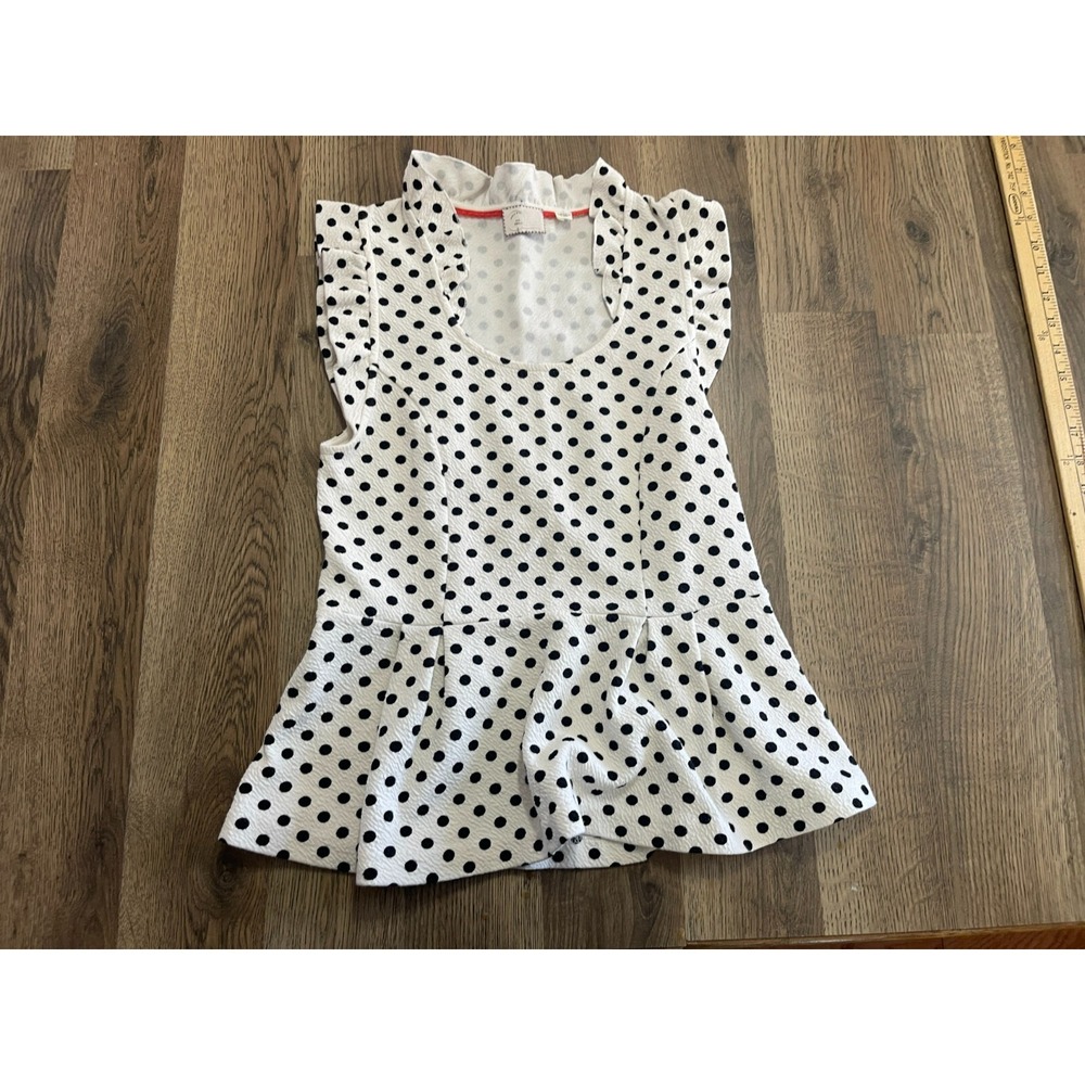 Shirt, Women's Size Small, White, Black Polka Dots, Scoop Neck, Ruffle